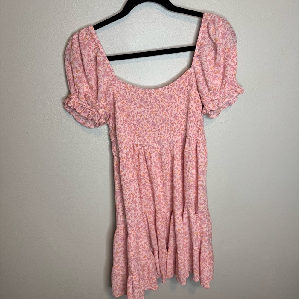 Altar’d State Addey Mini Dress Floral Pink Print Bubble Sleeve Ruched Tiered - Picture 7 of 9